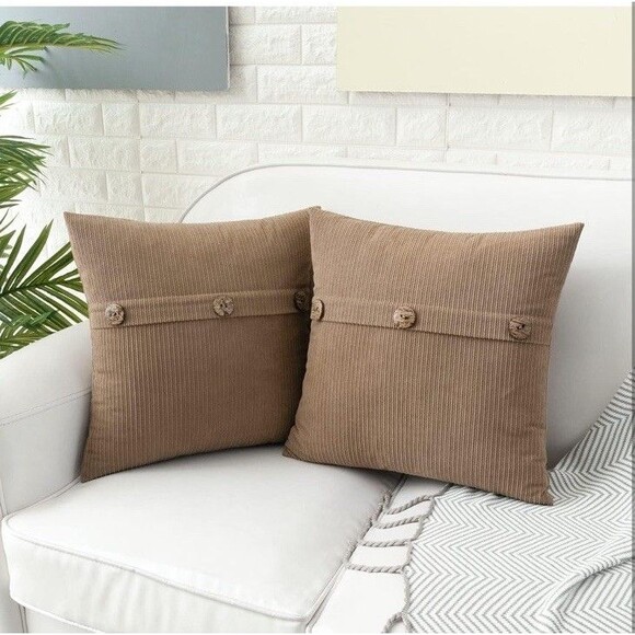 2- Taupe Decorative Throw Pillow Covers 20x20in Button Detail Boho Country - Picture 2 of 5
